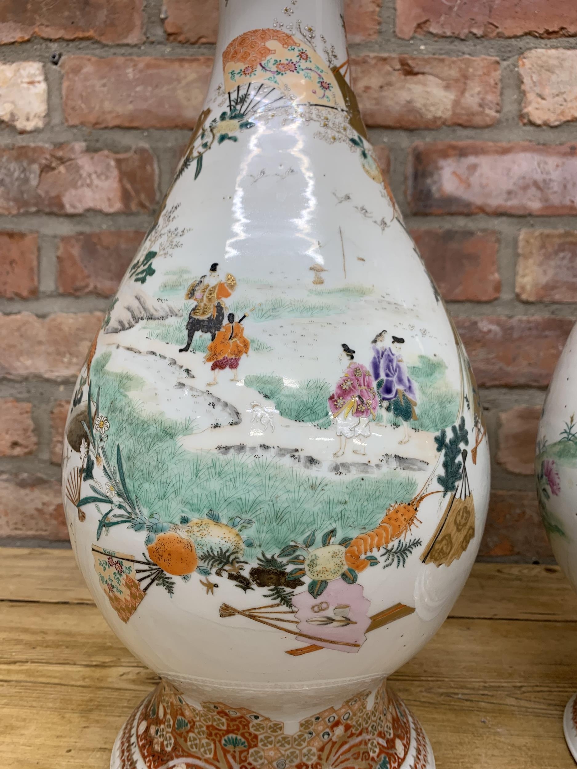 Pair of impressive hand painted Japanese Porcelain baluster vases, exterior having central landscape - Image 2 of 5