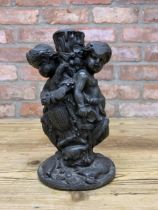 Antique Baroque period heavy lead fountain stem with tree stump and cherub decoration, H 20cm