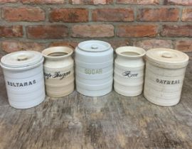 5 antique cream and white ceramic banded kitchen cannister jars to include lump sugar, rice,