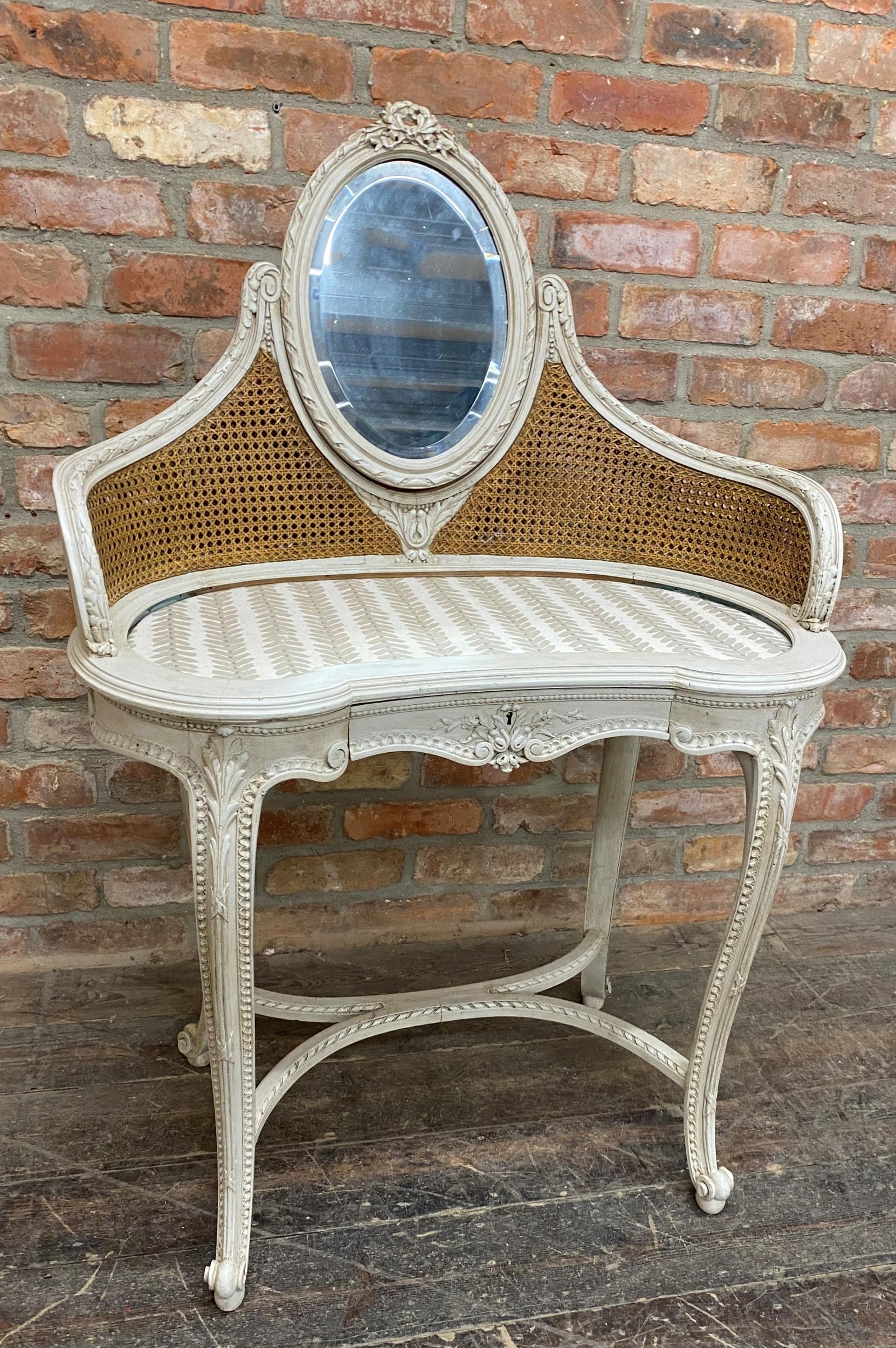 19th century French kidney shaped dressing table, raised mirror and bergere back, fitted with - Image 2 of 5