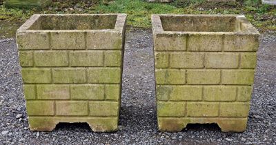 Pair of reconstituted stone simulated brick work garden planters, H 47cm x W 46cm x D 46cm (2)