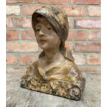 Antique French polychrome plaster bust of young girl in headscarf, indistinctly signed, H 33cm