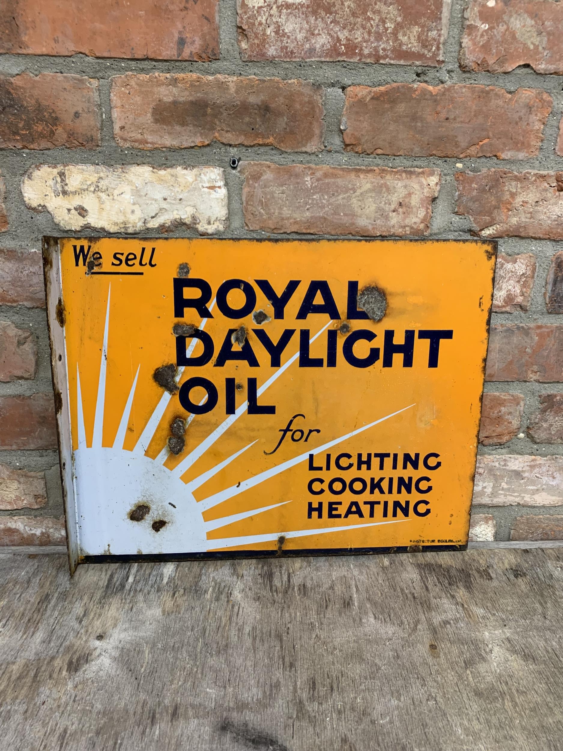 Double sided 'Royal Daylight Oil' orange and blue enamel advertising sign, 51cm x 41cm - Image 3 of 3