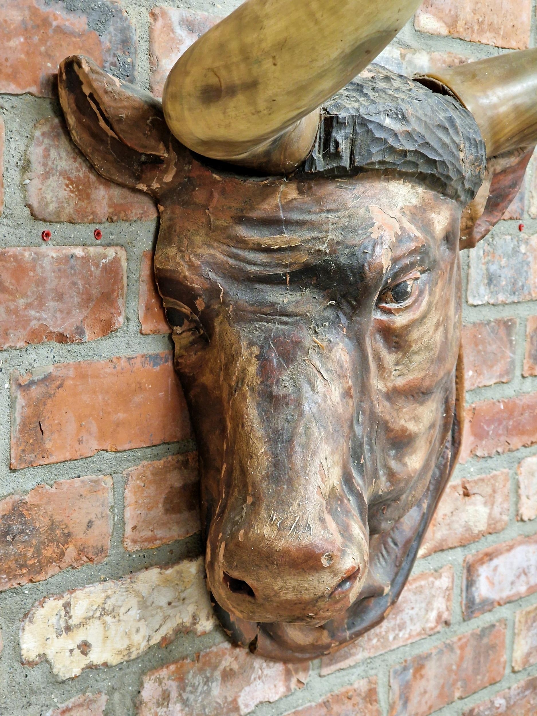 Impressive black forest Folk Art hand carved wooden bulls head with genuine horns, ex butchers - Image 2 of 6