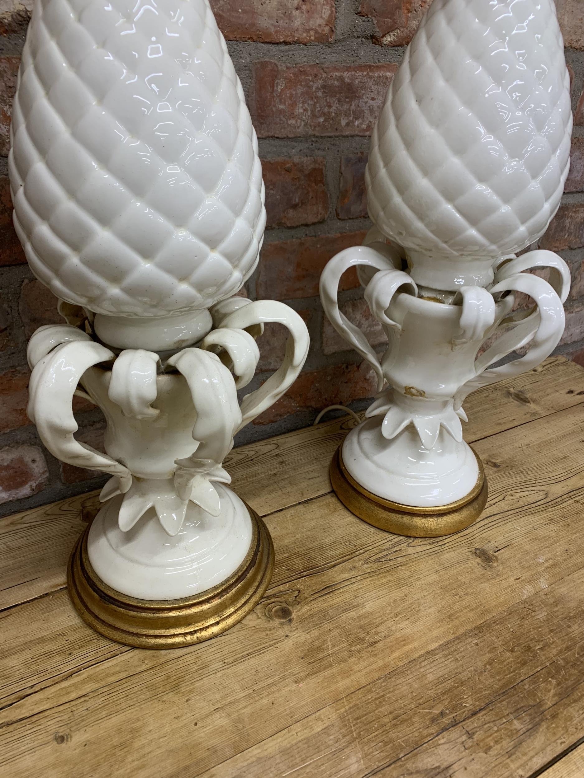 Pair of large Italian creamware pineapple table lamps, H 72cm (AF) - Image 2 of 3