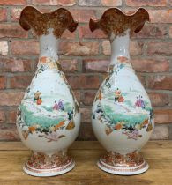 Pair of impressive hand painted Japanese Porcelain baluster vases, exterior having central landscape