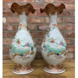 Pair of impressive hand painted Japanese Porcelain baluster vases, exterior having central landscape