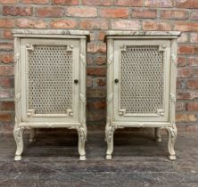 Good pair of French marble top painted pot cupboards or bedsides, with bergere panneld doors and