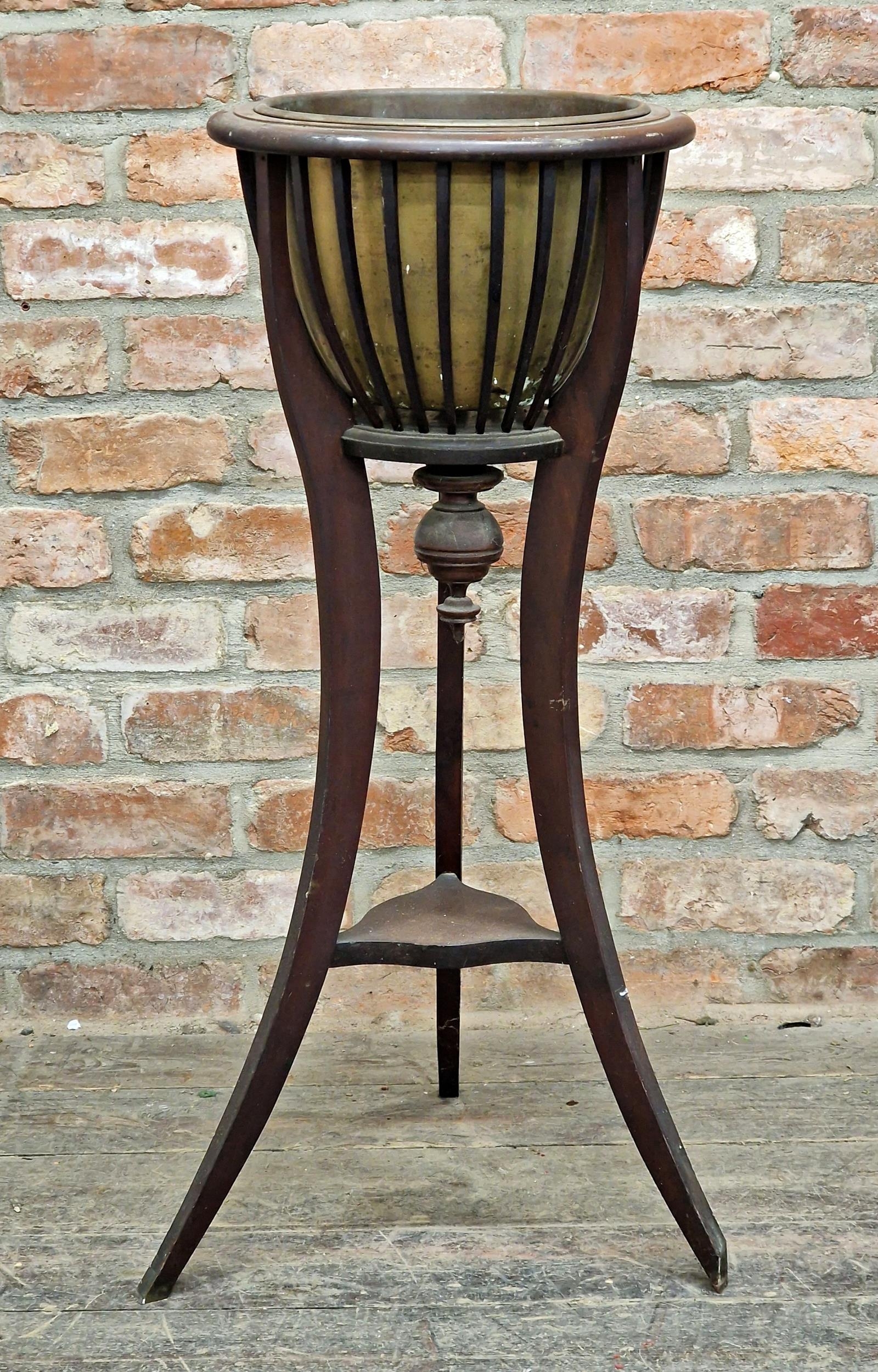 Edwardian mahogany jardiniere stand raised on three swept legs with brass liner, H 92cm x W 38cm