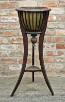 Edwardian mahogany jardiniere stand raised on three swept legs with brass liner, H 92cm x W 38cm