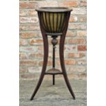 Edwardian mahogany jardiniere stand raised on three swept legs with brass liner, H 92cm x W 38cm