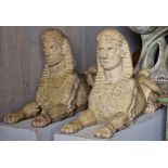 An impressive pair of weathered heavy statues of Egyptian sphinxes, H 64cm x W 120cm x W 35cm