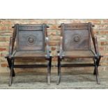 Good quality pair of 19th century carved oak Glastonbury chairs, carved inscriptions to back and