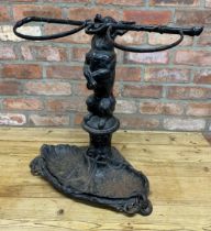 Antique Coalbrookdale iron stick stand depicting Chihuahua dog atop pedestal base, original liner
