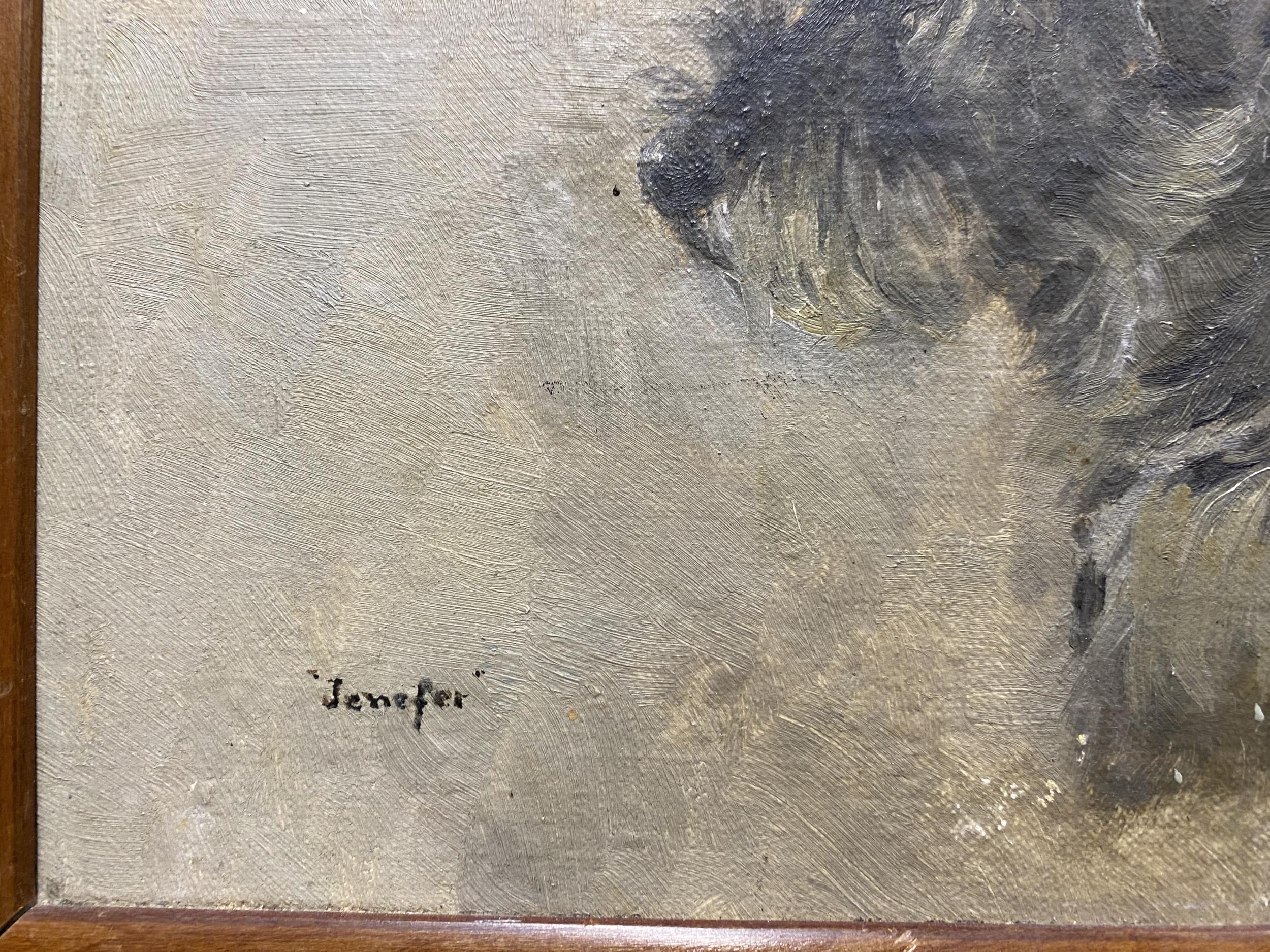 Early 20th century school - 'Jenefer' bust portrait of a terrier, monogrammed AW, oil on canvas laid - Image 4 of 4