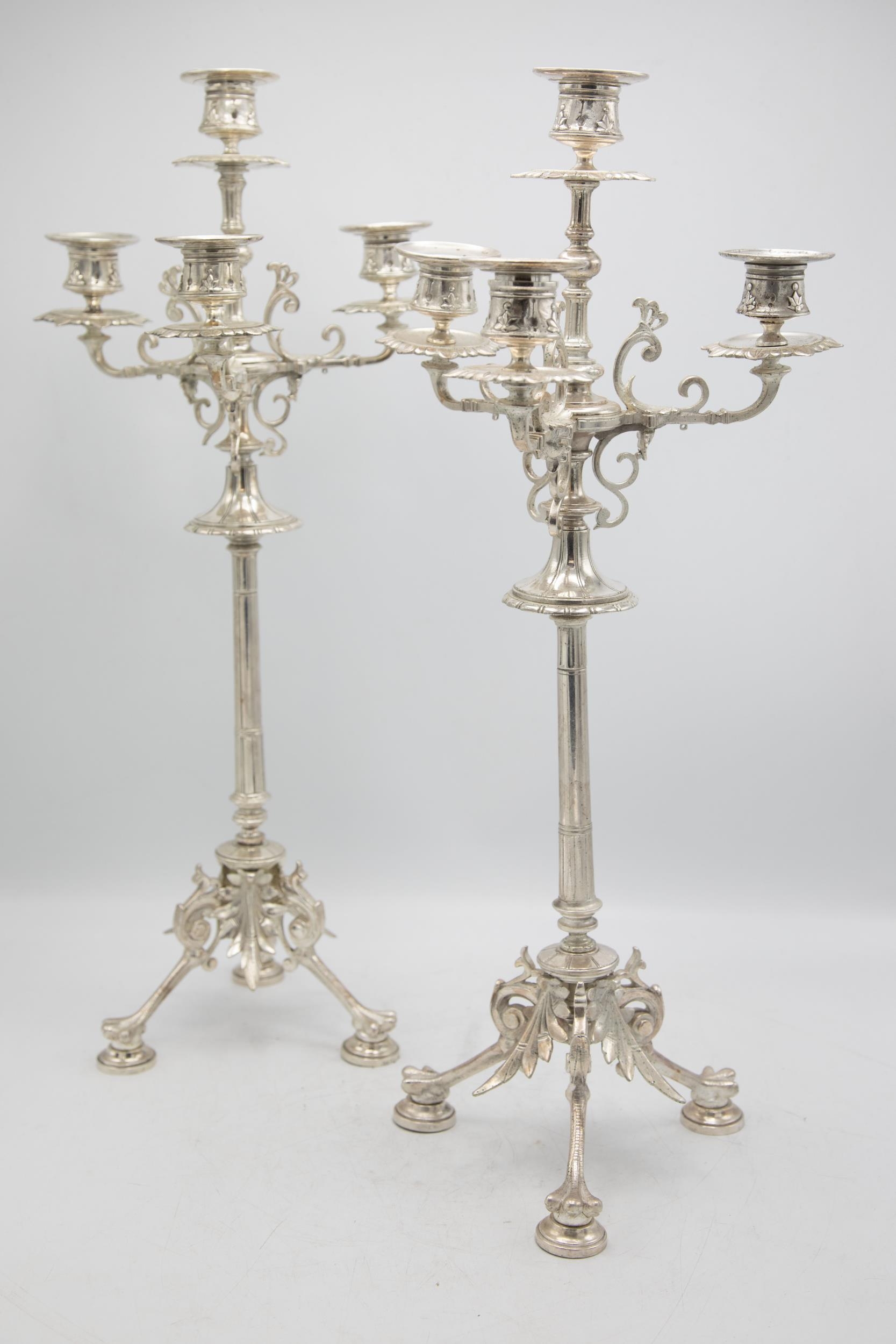 Impressive pair Aesthetic Period cast silver plated three branch candelabra, 55cm high - Image 2 of 4