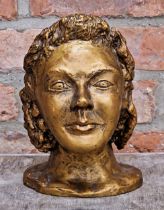 Vintage gold painted plaster bust of young lady, indistinctly signed to base, H 27cm