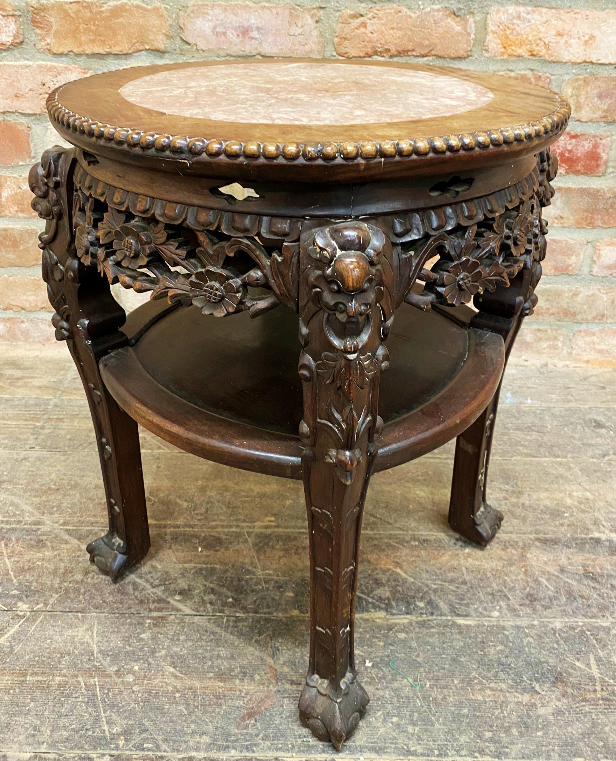 19th Century Chinese Padauk wood pot stand with inset marble top and typical carved frame, H 58cm