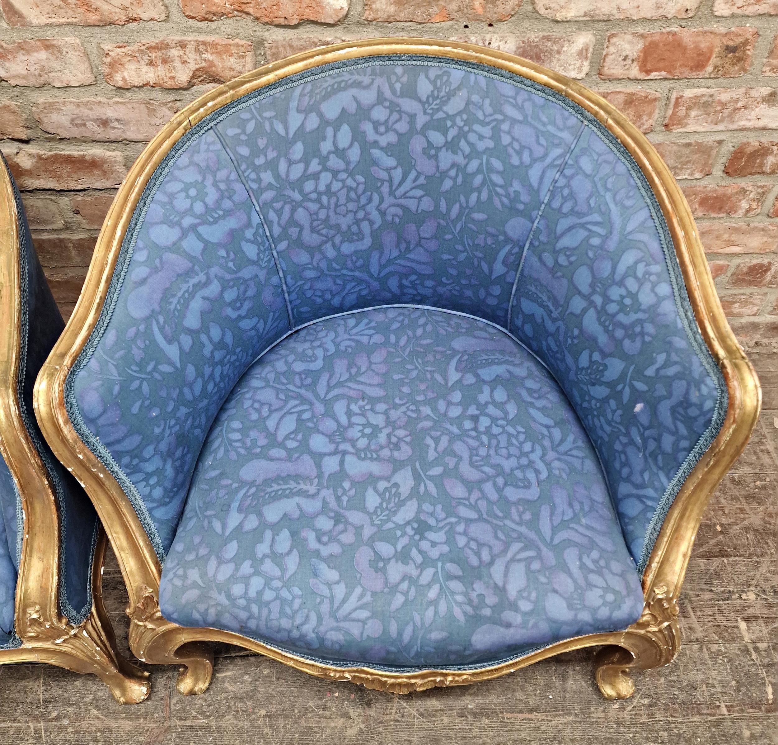 Pair of good quality 19th century French gilt wood tub chairs with blue floral fabric upholstery, - Image 2 of 5