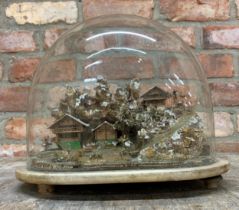 Antique hand crafted Alpine village diorama, detailed scene depicting an idyllic chalet and mountain