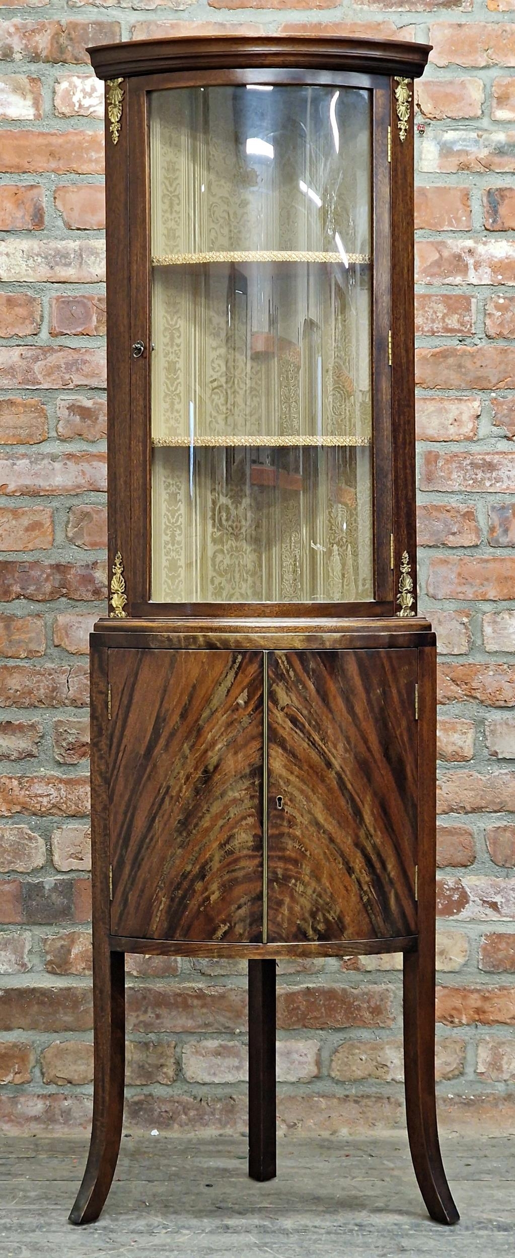 Mahogany bow front corner display cabinet, H 172cm