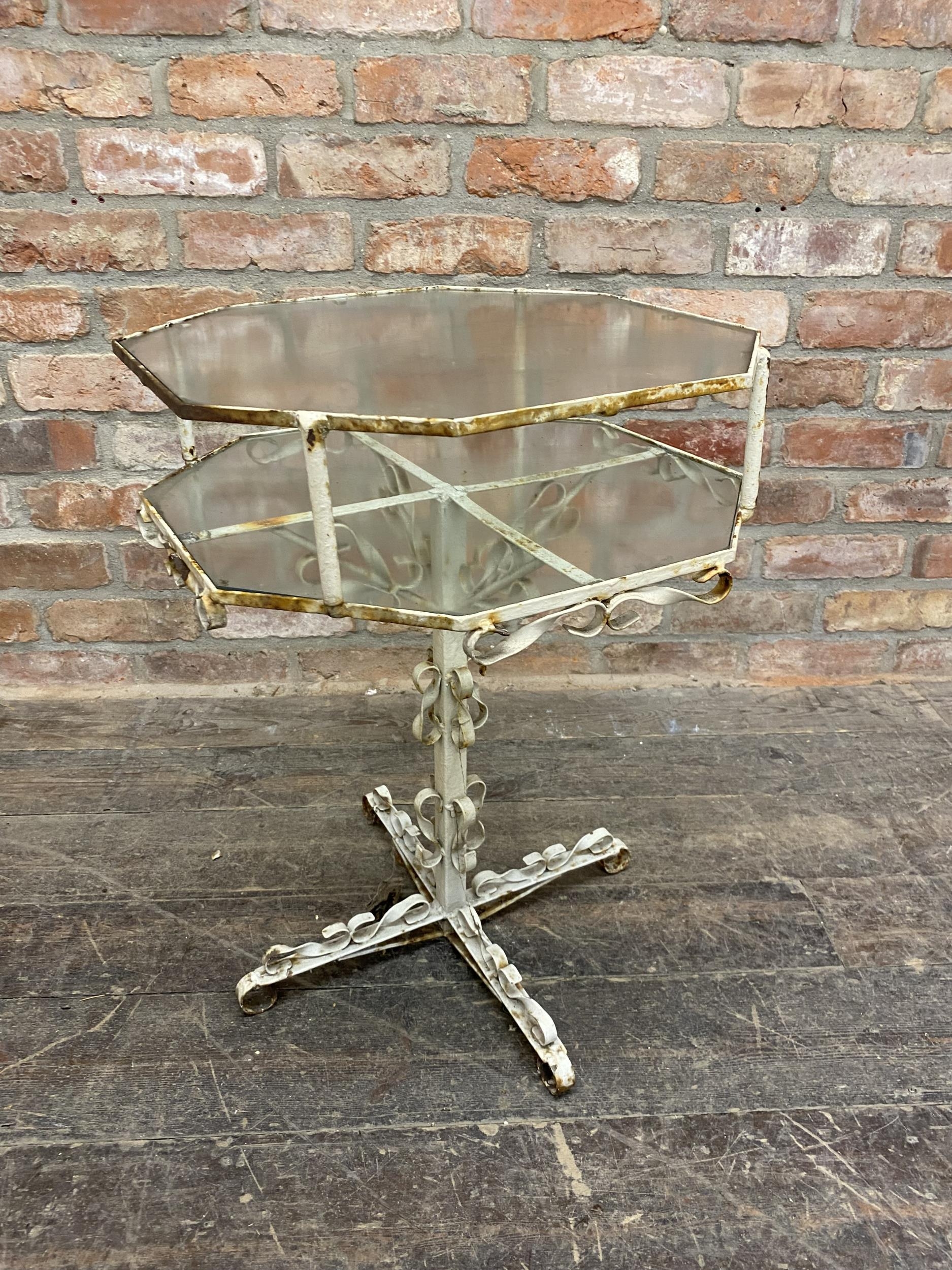 Vintage French wrought iron garden table with inset glass octagonal top, H 66cm x W 48cm x D 48cm