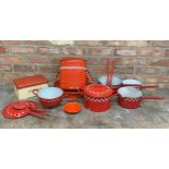 Quantity of vintage red enamel kitchen ware to include saucepans, water tank and soap dish (14)