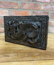Vintage wooden Chinese box with raised dragon carving to lid, H 7cm x w 28cm