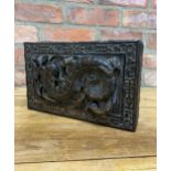 Vintage wooden Chinese box with raised dragon carving to lid, H 7cm x w 28cm