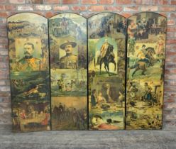 Antique four fold decoupage screen showing famous historical British figures and scenes, H 170c x