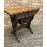 Exceptional quality Anglo Burmese / Indian padauk work table, the top with darted borders upon a