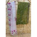 Two silk shawls with beaded and embroidery decoration, one pink and one green (2)