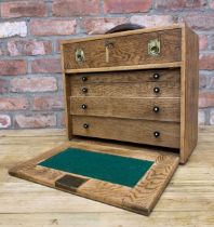Vintage oak wood engineers tool chest with leather carry handle and key, H 37cm x W 41cm