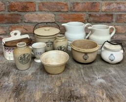 Quantity of mixed antique creamware kitchen ceramics to include banded jugs, salt tub, jars and