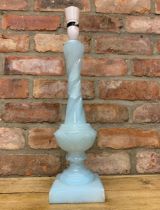 Vintage carved alabaster table lamp with unusual blue colourway, H 49cm