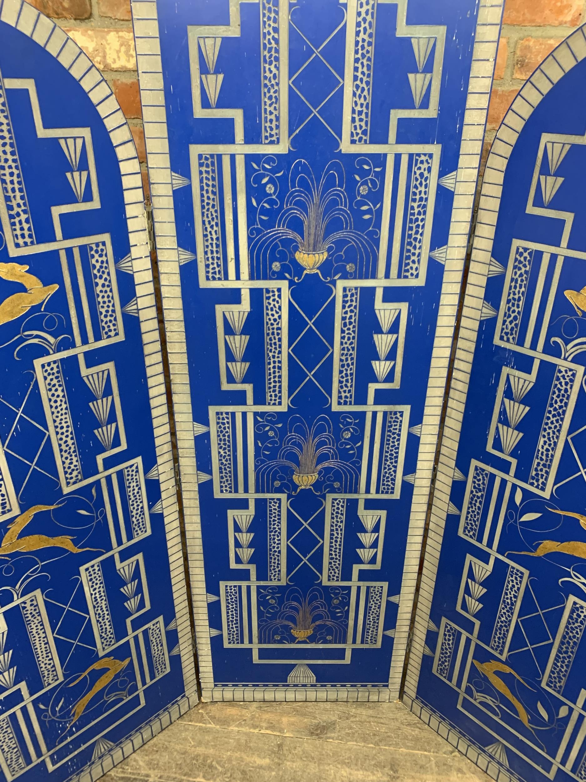 Cool Art Deco three fold screen, incised with gilt leaping gazelles and fountains, 230cm high - Image 2 of 3