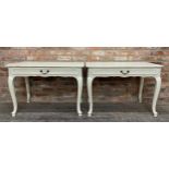 Pair of antique French painted console tables, fitted with a single drawer on cabriole legs, H