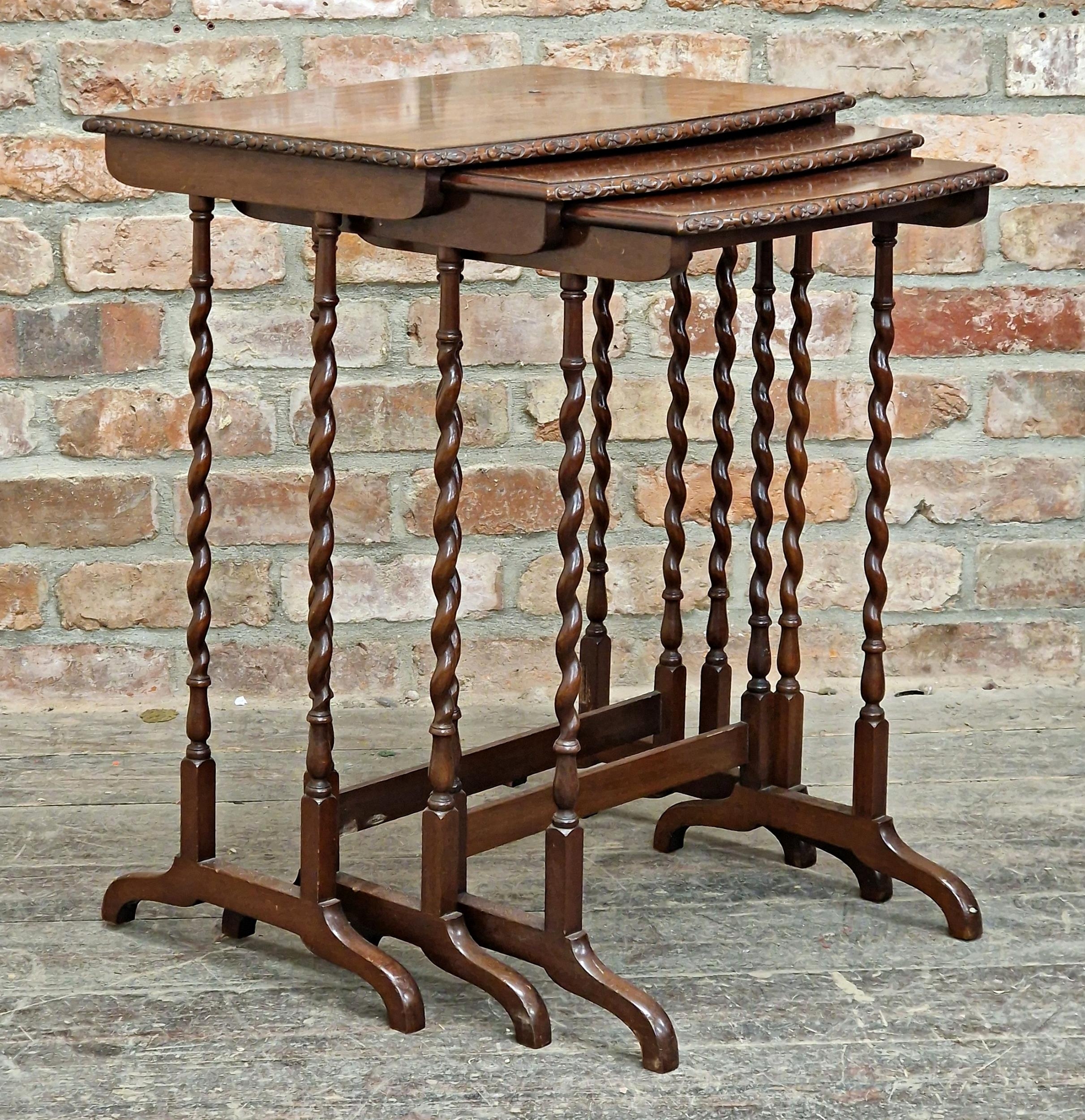 Antique mahogany nest of three tables with barley twist supports, H 71cm x W 56cm x D 40cm