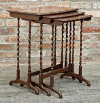 Antique mahogany nest of three tables with barley twist supports, H 71cm x W 56cm x D 40cm