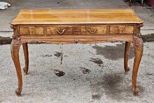Early 20th century French walnut console table with carved foliate detail on cabriole legs, H 77cm x