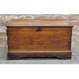 19th century teak sea chest with hinged lid and rope handles (missing one), raised on bracket