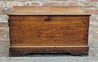 19th century teak sea chest with hinged lid and rope handles (missing one), raised on bracket