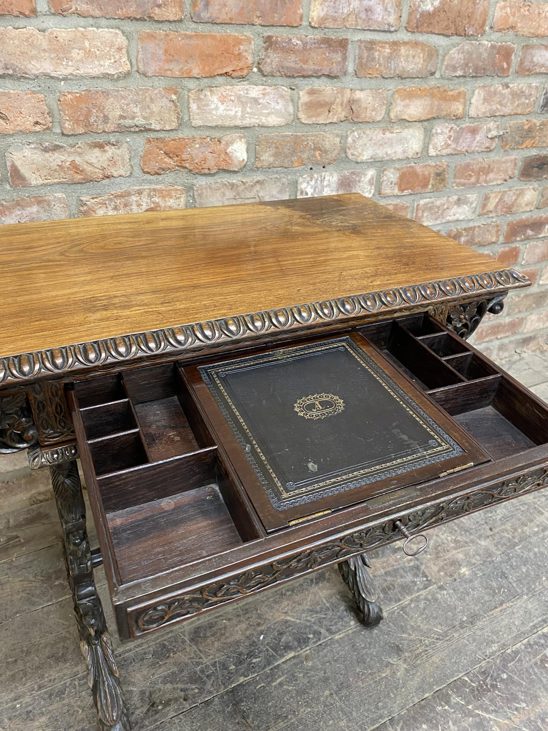 Exceptional quality Anglo Burmese / Indian padauk work table, the top with darted borders upon a - Image 5 of 9