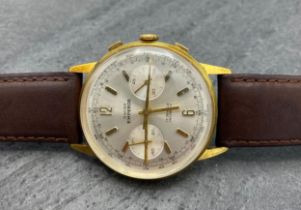 Vintage Swiss Emperor chronograph gold plated gents watch, 38mm case. silvered dial with gilt