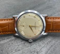 Vintage Girard Perregaux chrome gents watch, large 38mm case, champagne dial with gilt hands and