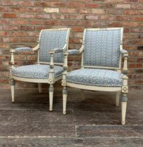 Pair of 19th century painted armchairs in the Directoire style, Recently Upholstered, H 90cm x W