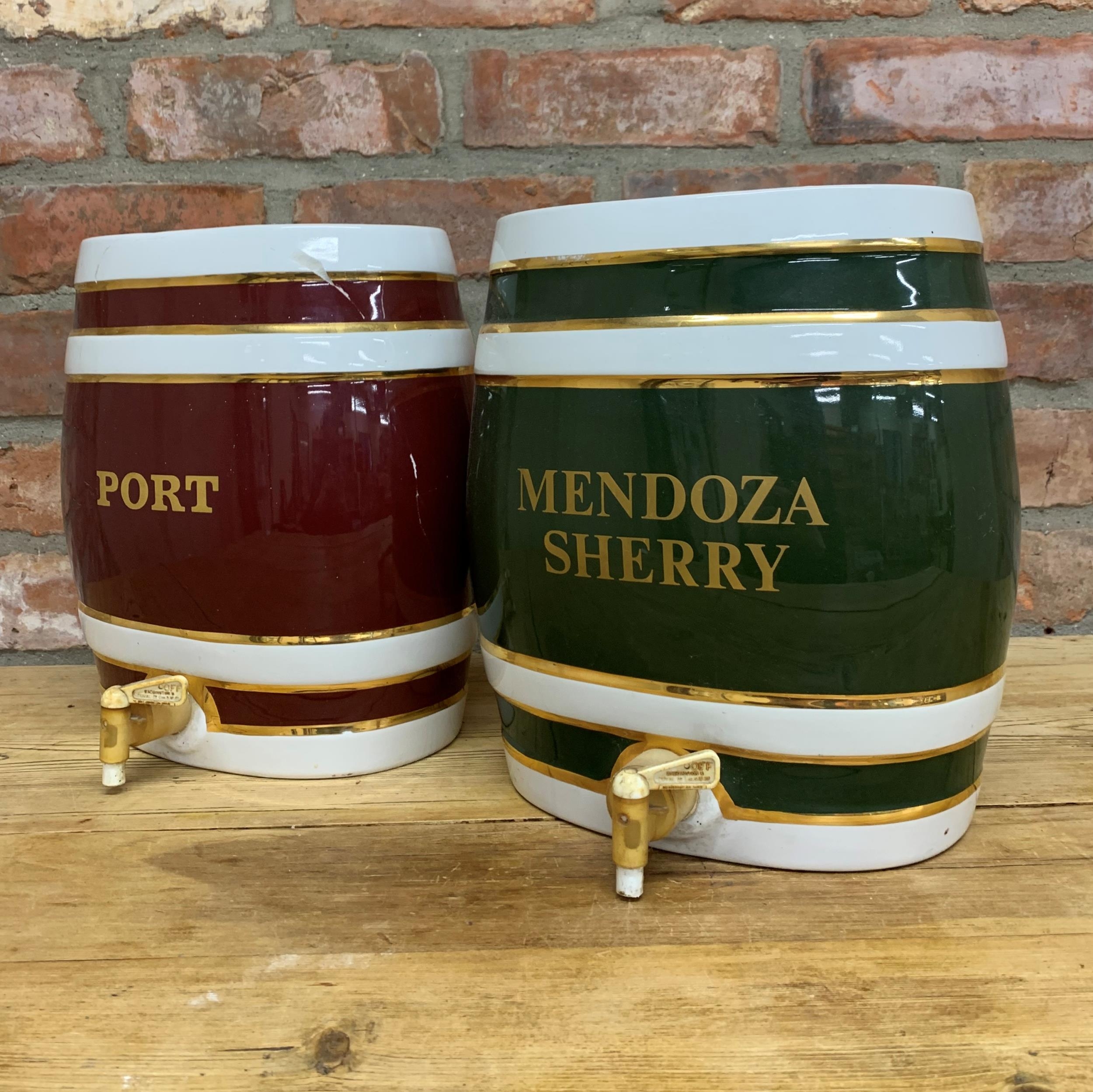 Two large Vitreous China ceramic 'Mendoza Sherry' and 'Port' barrels, H 30cm (AF) - Image 2 of 4