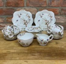 Royal Grafton ceramic tea service with printed and hand painted exotic bird on branch pattern with