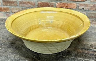 A large good quality salt glazed terracotta dairy or pancheon bowl, H 21cm x DIA 69cm