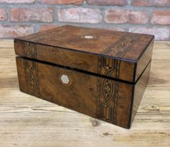 Victorian Tunbridge ware inlaid writing box with original leather interior, H 15cm x 30cm